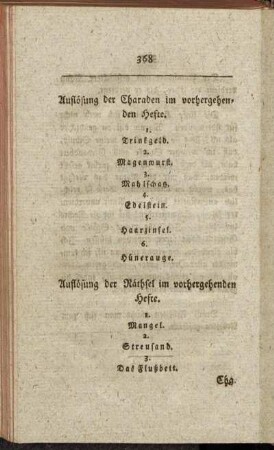Auflösung der Charaden im vorhergehenden Hefte. - Auflösung der Räthsel im vorhergehenden Hefte. - Charaden. - Räthsel.