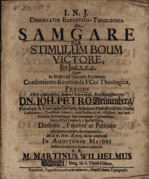 Diss. exeg. theol. de Samgare per stimulum boum victore : ex Jud. 3. v. 31