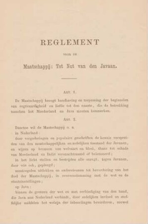 Reglement voor de maatschappij: Tot nut van den Javaan