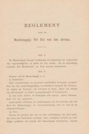 Reglement voor de maatschappij: Tot nut van den Javaan