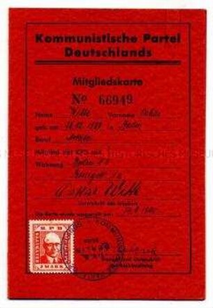 Mitgliedskarte KPD von Oskar Witte