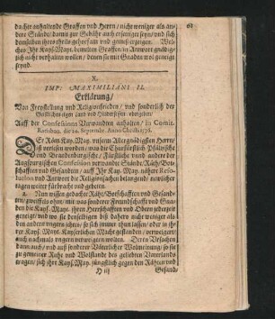 X. Imp. Maximiliani II. Erklärung/ Von Freystellung und Religionsfrieden ... Anno 1576.