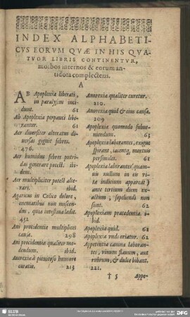 Index Alphabeticus Eorum Quae In His Quatuor Libris Continentur, moibos internos & eorum antidota complectens