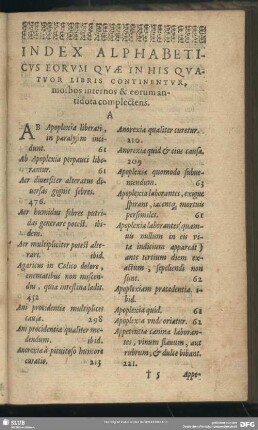 Index Alphabeticus Eorum Quae In His Quatuor Libris Continentur, moibos internos & eorum antidota complectens