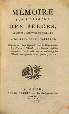 Mémoire sur l'origine des Belges