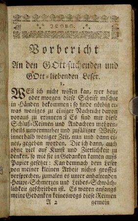 Vorbericht. An den Gott-suchenden und Gott-liebenden Leser.