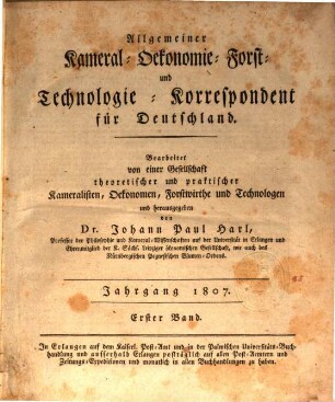 Allgemeiner Kameral-, Oekonomie-, Forst- und Technologie-Korrespondent. 1807