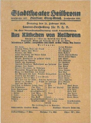 Theaterzettel für eine Aufführung "Das Käthchen von Heilbronn"
