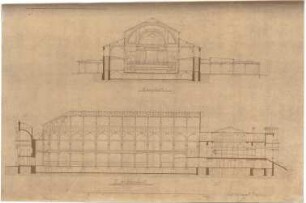 Billing, Hermann; Karlsruhe; Künstlerfest 1901 in der Festhalle, Ausstattung; Umbau Festhalle - Längsschnitt; Querschnitt