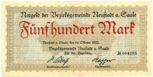 Geldschein / Notgeld, 500 Mark, 14.10.1922