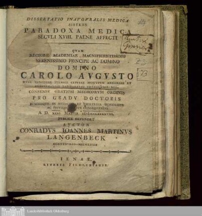 Dissertatio Inavgvralis Medica Sistens Paradoxa Medica Secvli XVIII. Paene Affecti