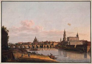 Stadtansicht von Dresden, Blick vom rechten Elbufer nach Südosten auf die Altstadt, im Vordergrund Figuren mit Booten an der Elbe