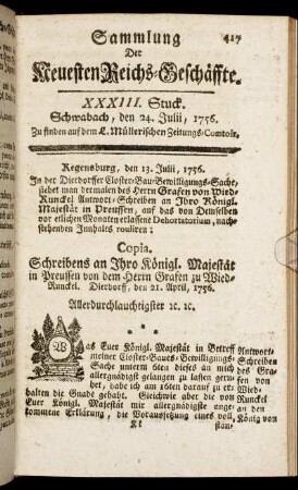 XXXIII. Stuck. Schwabach, den 24. Julii, 1756.