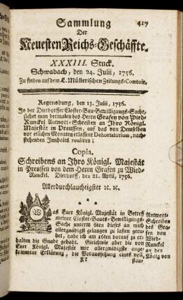 XXXIII. Stuck. Schwabach, den 24. Julii, 1756.