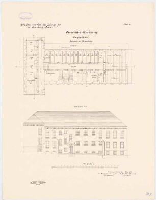 Gerichtsgefängnis, Lauenburg: Grundriss Obergeschoss, Aufriss Nordansicht 1:100
