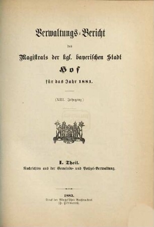 Verwaltungsbericht der Stadt Hof. 1881 (1882) = Jg. 13