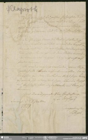 Eigenh. Brief von August Wilhelm von Schlegel an Heinrich Julius Klaproth, o.O., 24.05.1821