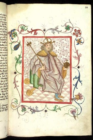 Thronender ungarischer Herrscher: König Karl, von Rankenwerk umgeben.