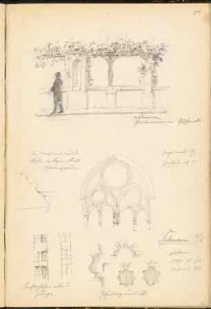 Gartenmauer im Schlosspark, Schwerin. Dom, Schwerin: Ansicht Mauer, Details Dom (aus: Skizzen- und Fotoalbum 1)