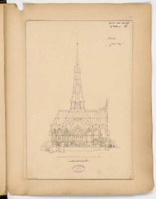 Evangelische Kirche St. Johannis, Eberswalde Monatskonkurrenz Januar 1886: Längsschnitt (Richtung Süden); Maßstabsleiste