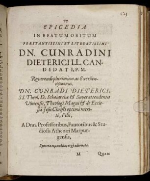 Epicedia In Beatum Obitum ... Dn. Cunradini Dieterici ...