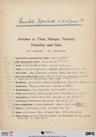 Arbeiten in Thon, Steingut, Fayence, Porzellan und Glas (Nr. 1-72)