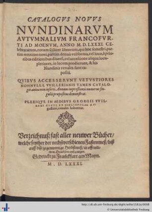 CATALOGVS NOVVS NVNDINARVM AVTVMNALIVM FRANCOFVRTI AD MOENVM, ANNO M. D. LXXXI. CElebratarum ...