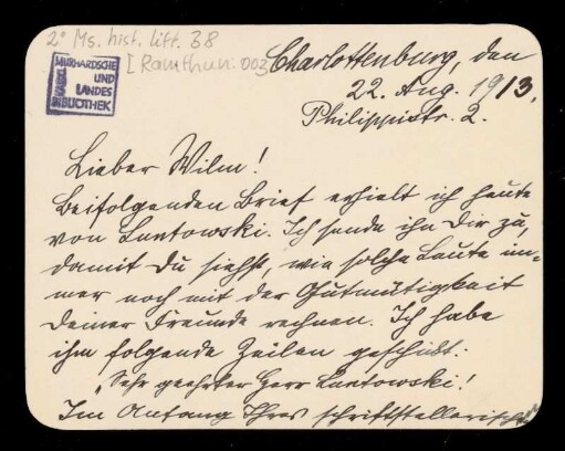 Brief von Reinhold Ramthun an Wilhelm Schwaner