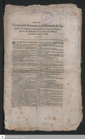 Catalogus Librorum varii Idiomatis & Lingvarum, qui sumptibus partim prodierunt, vel quorum Copia inveniuntur in Bibliopolio Bielkiano & venduntur Francofurti Lipsiæ & Jenæ. 1705.