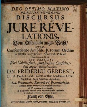 Discursus de iure revelationis, vom Offenbahrungs-Recht