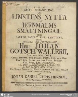 Kort Afhandling, Om Limstens Nytta Vid Jernmalms Smältningar