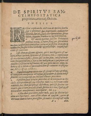 De Spiritus Sancti Hypostatica proprietate, aeternaque Deitate.