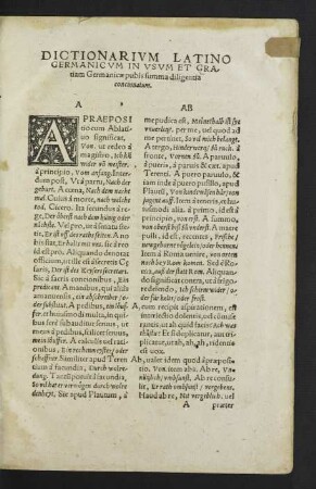 Dictionarium Latino Germanicum In Usum Et Gratiam Germanicae Pubis summa diligentia concinnatum.