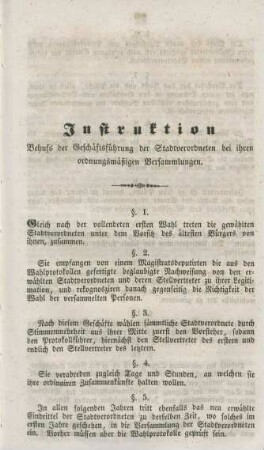 Instruktion Behufs der Geschäftsführung der Stadtverordneten bei ihren ordnungsmäßigen Versammlungen.