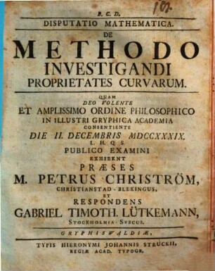 Disputatio Mathematica. De Methodo Investigandi Proprietates Curvarum