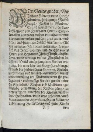 Von Gottes gnaden/ Wir Johans Albrecht unnd Ulrich/ gebrudere/ hertzogen zu Meckelburgk ... Entpieten allen und yeden unsern unterthanen/ und vorwanten/ unsern gnedigen grus zuvor ...