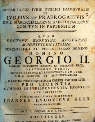 Dissertatio Ivris Pvblici Inavgvralis De Ivribvs Et Praerogativis S.R.I. Mareschallorvm Haereditariorvm Comitvm In Pappenheim