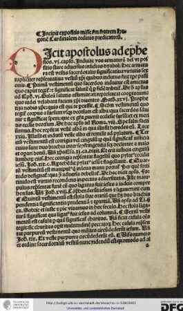 Incipit expositio misse secundum fratrem Hugonem Cardinalem ordinis Predicatorum.