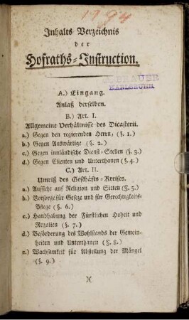 Inhalts Verzeichnis der Hofraths-Instruction.