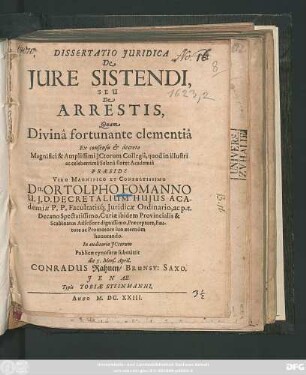 Dissertatio Iuridica De Iure Sistendi, Seu De Arrestis