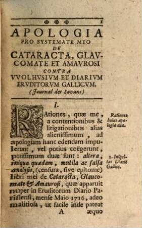Apologia et uberior illustratio systematis sui de Cataracta Glaucomate et Amaurosi contra Wolhusii ... cavillationes