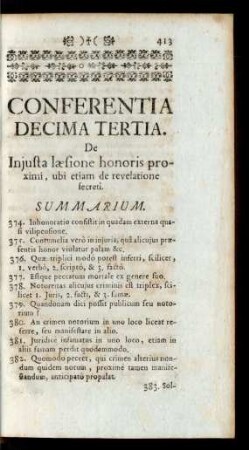 Conferentia Decima Tertia. De Injusta laesione honoris proximi, ubi etiam de revelatione secreti