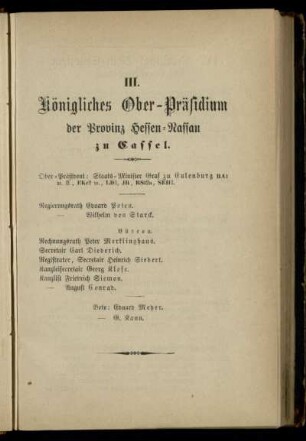 Königliches Ober-Präsidium der Provinz Hessen-Nassau zu Cassel