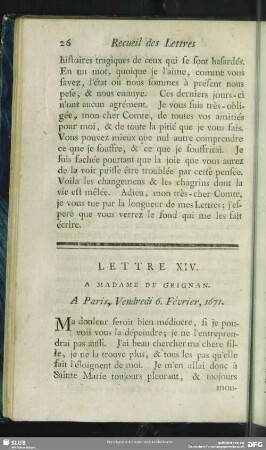 Lettre XIV. A Madame De Crignan. A Paris, Vendredi 6. Février, 1671