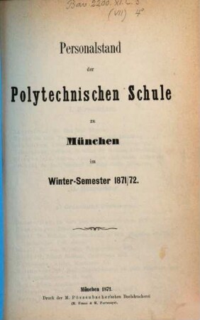 Personalstand der Königlich-Bayerischen Polytechnischen Schule zu München. 1871/72 (1871)