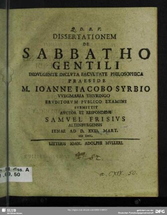 Dissertationem De Sabbatho Gentili