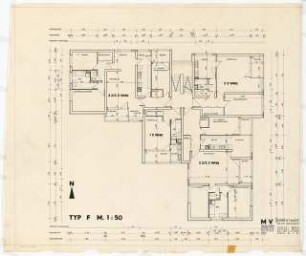 Märkisches Viertel, Wilhelmsruher Damm, Finsterwalder Straße, Berlin-Reinickendorf: Grundriss Typ F, Vorentwurf 1:50