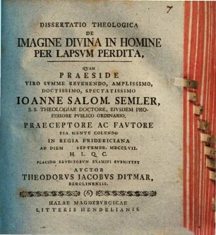 Diss. theol. de imagine divina in homine per lapsum perdita