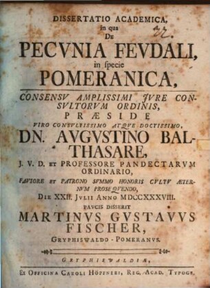 Diss. acad. in qua de pecvnia fevdali, in specie Pomeranica