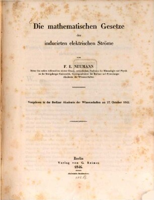 Die Mathematischen Gesetze der inducirten elektrischen Ströme
